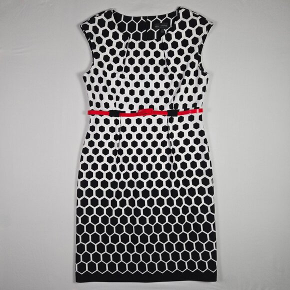 Connected Apparel Black White Honeycomb Sheath Dress Red Belt Geometric‎ 14 - Picture 5 of 12